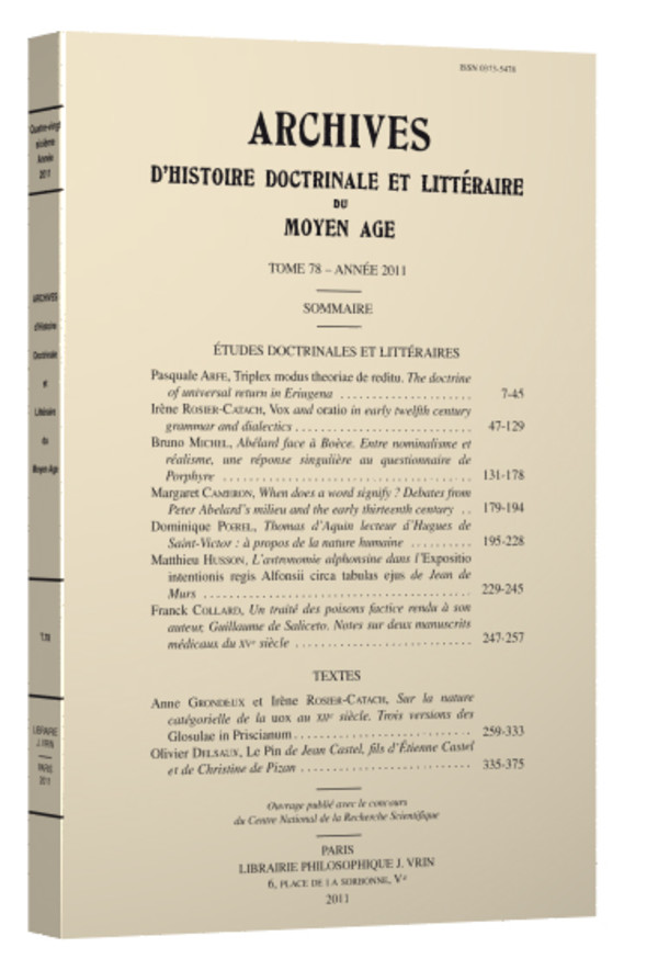 Archives d’Histoire littéraire et doctrinale du Moyen-Âge LXXIX – 2012